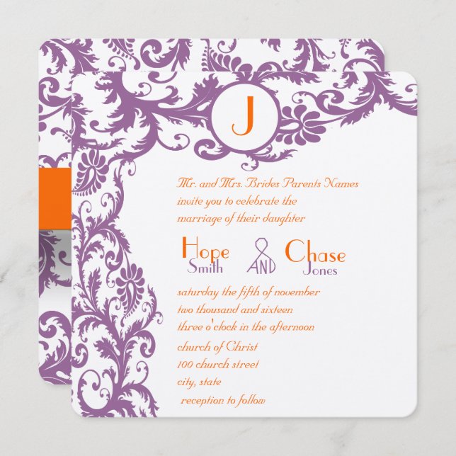 Orange Plum Damask Faire-part de mariage (Devant / Derrière)