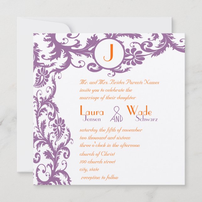 Orange Plum Damask Faire-part de mariage (Devant)