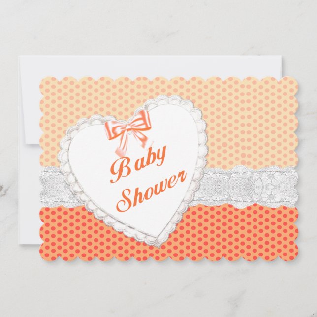 Orange Polka Dot Lace Baby shower Coeur Invitation (Devant)