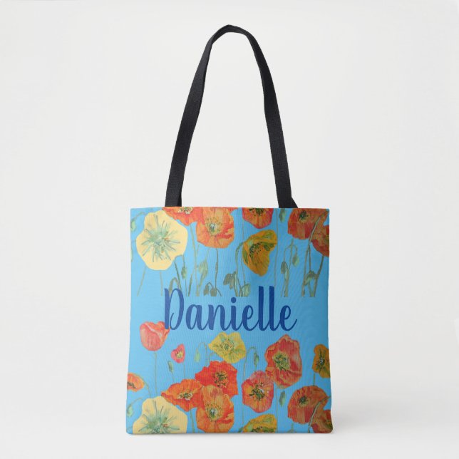 Orange Poppies bleu Floral fleurs Fille Nom Sac (Devant)