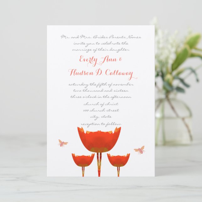 Orange Poppies & Bumble Bees Faire-part de mariage (Debout devant)