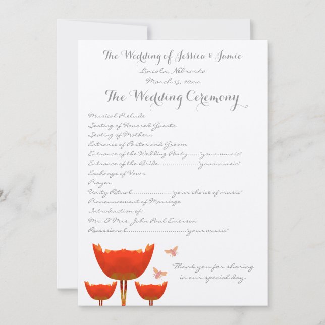 Orange Poppies & Bumble Bees Programme de mariage (Devant)