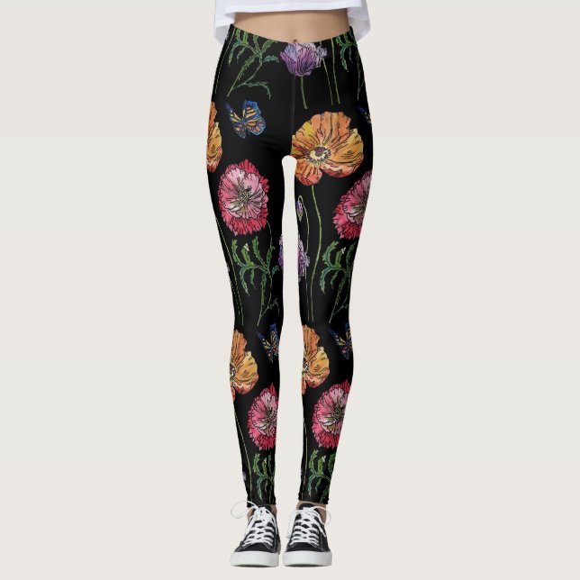 Orange Poppy Black Floral Aquarelle Leggings (Devant)