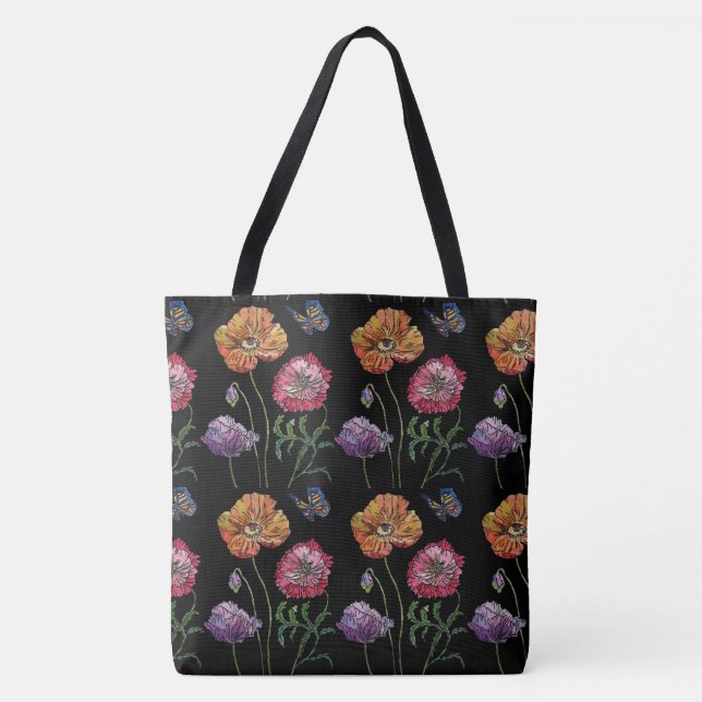 Orange Poppy Black Floral Sac fourre-tout d'aquare (Devant)