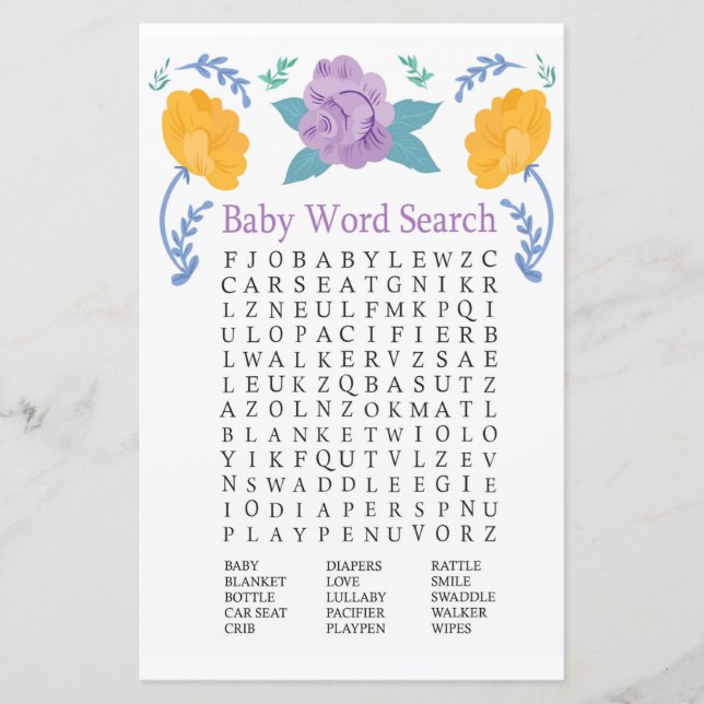 Orange Purple Fleurs Baby shower Word Recherche Je (Devant)