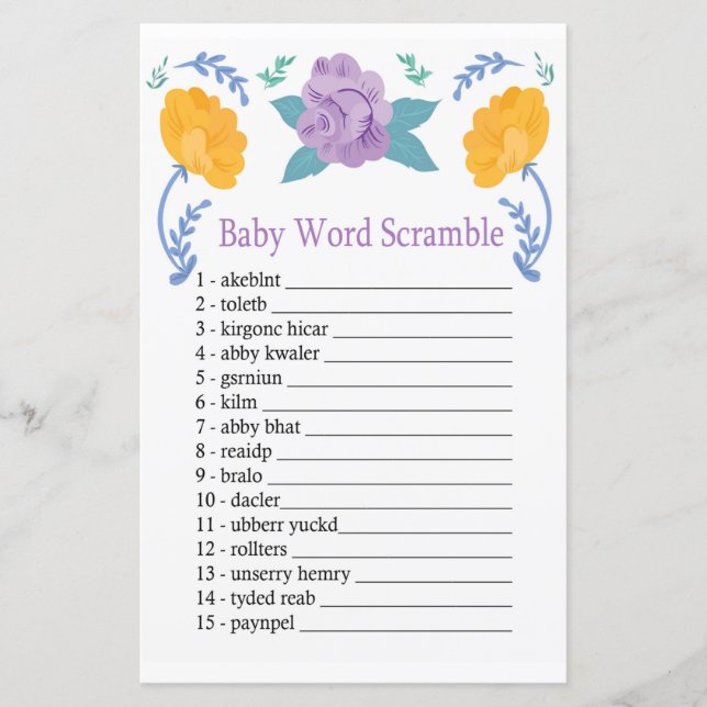 Orange Purple Fleurs Baby word scramble jeu (Devant)
