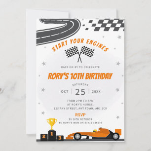 Orange Racing Car Anniversaire Fête Invitation