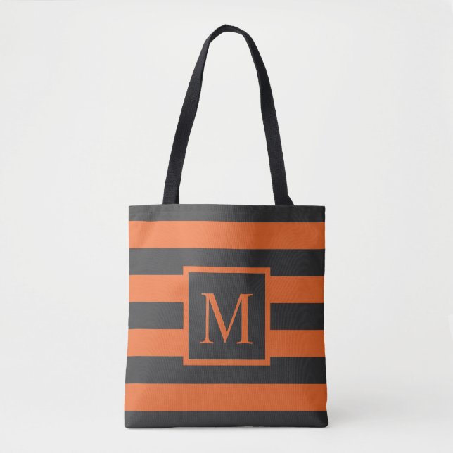 Orange rayures Halloween Monogramme | Sac fourre-t (Devant)