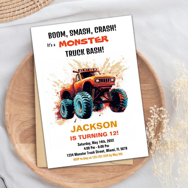Orange Red Monster Truck Invitations Anniversaire (Orange Red Monster Truck Birthday Invitations)