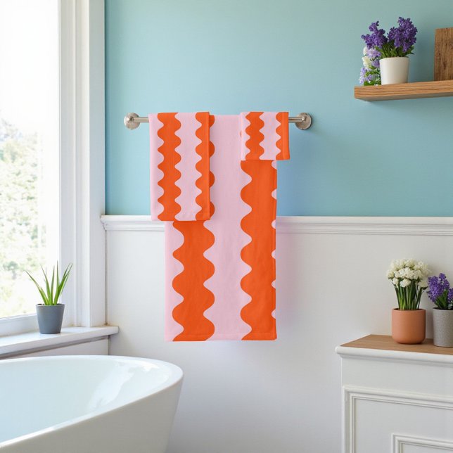 Orange rose Super bande minimaliste printemps été (Orange Pink Groovy Stripe Minimalist Spring Summer Bath Towel Set)