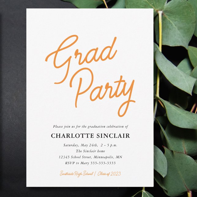 Orange Script Simple Budget Grad Party Invitation (Créateur téléchargé)