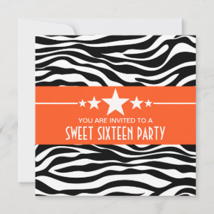 Orange Stars Zebra Print Sweet 16 Invitation