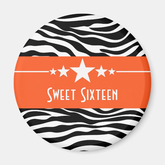 Orange Stars Zebra Print Sweet 16 Magnet (Devant)