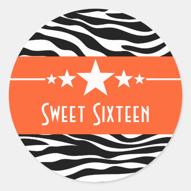 Orange Stars Zebra Print Sweet 16 Stickers (Devant)