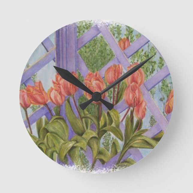 ORANGE TULIPS SUR PURPLE LATTICE HORLOGE (Recto)