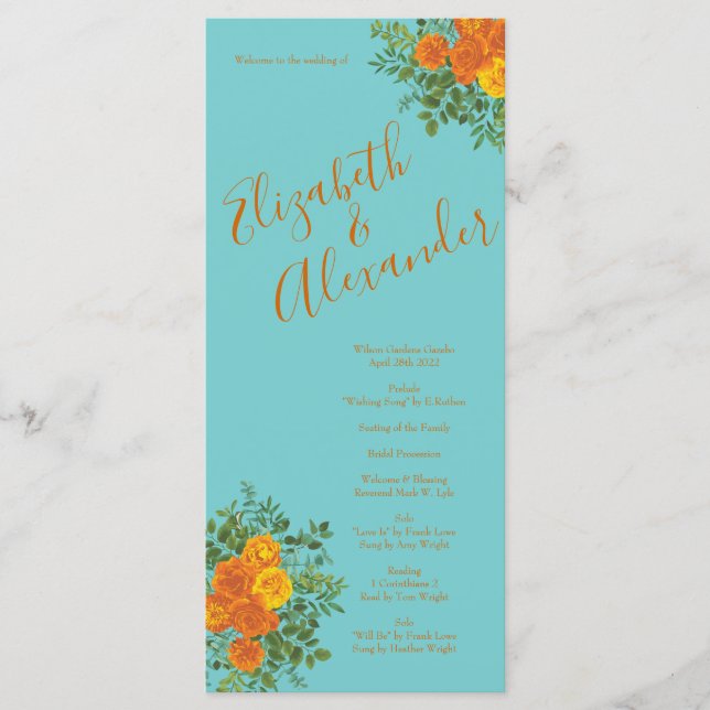 Orange Turquoise Aqua Peony Programmes de mariage  (Devant)