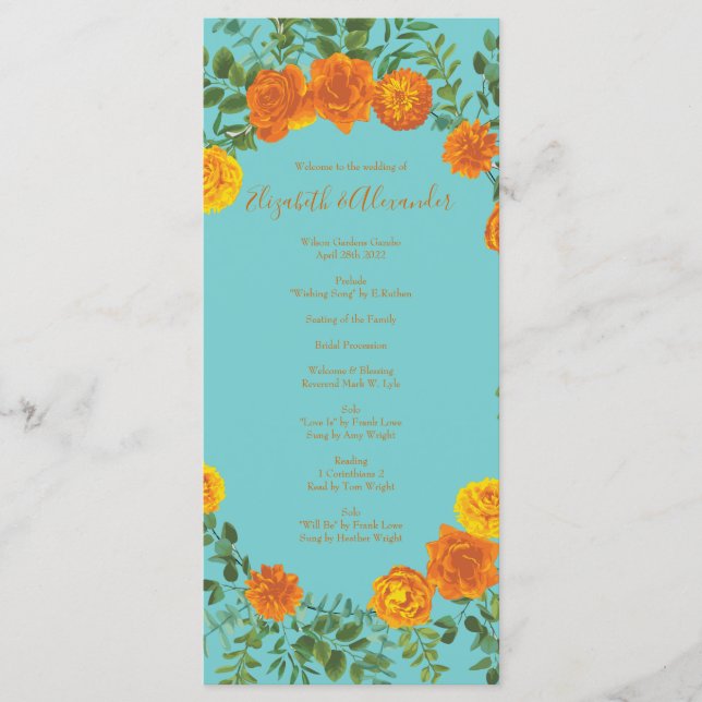 Orange Turquoise Aqua Peony Programmes de mariage  (Devant)