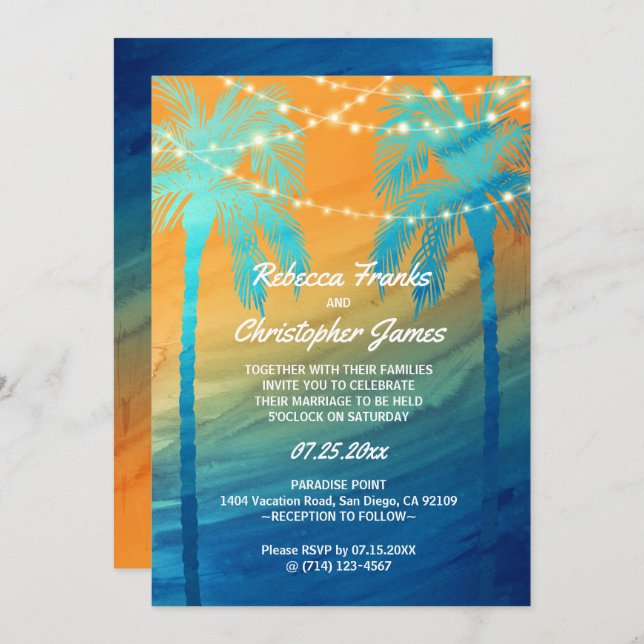 Orange Turquoise Bleu Tropical Mariage Invitations (Devant / Derrière)