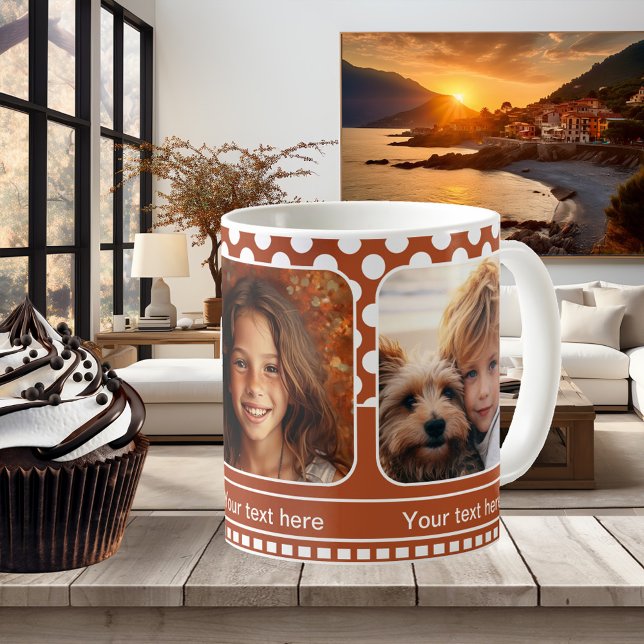 Orange White Pois Photo Mug (Cute keepsake mug in orange with retro white polka dots and your own favorite photos)