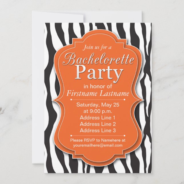 Orange Zebra Print Bachelorette Party Invitations (Devant)