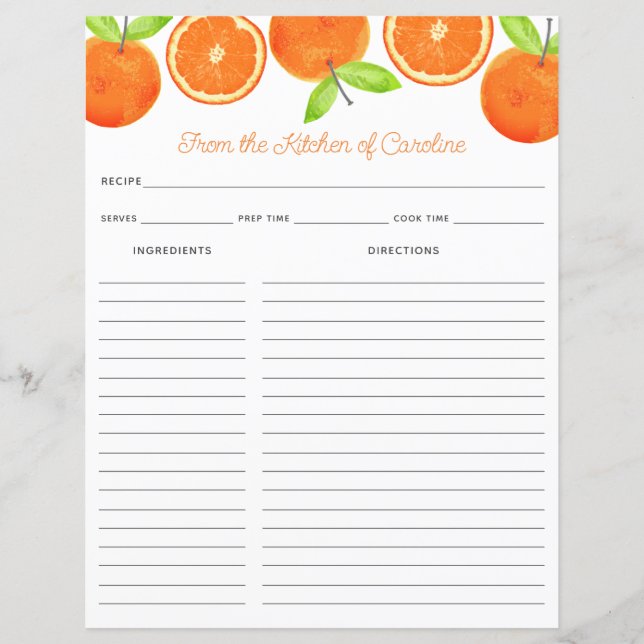 Oranges Citrus Fruit Recipe Card Binder Insert (Devant)