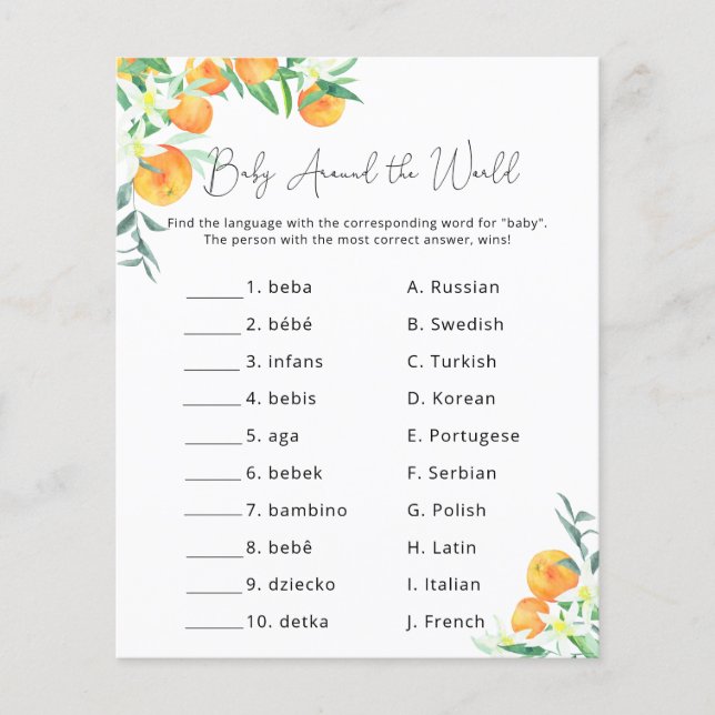 Oranges Citrus - Jeu pour Baby Shower (Devant)