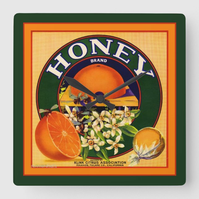 Oranges Étiquettes vintages Carré Horloge murale (Recto)