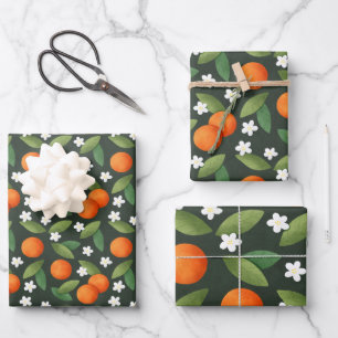 Oranges, Feuilles verts et fleurs blanches Motif