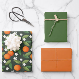 Oranges, Feuilles verts et fleurs blanches Motif