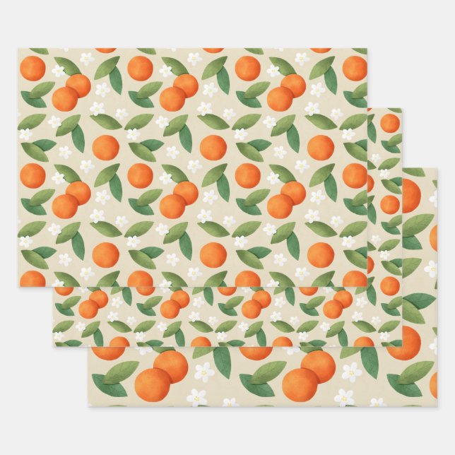 Oranges, Feuilles verts et fleurs blanches Motif (Lot)
