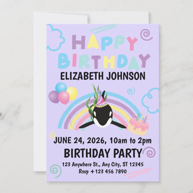 Orca Birthday Invitation in Purple (Devant)