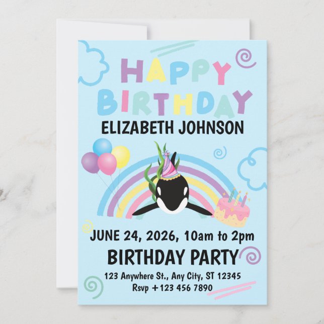 Orca Birthday Party Invitation in Blue (Devant)