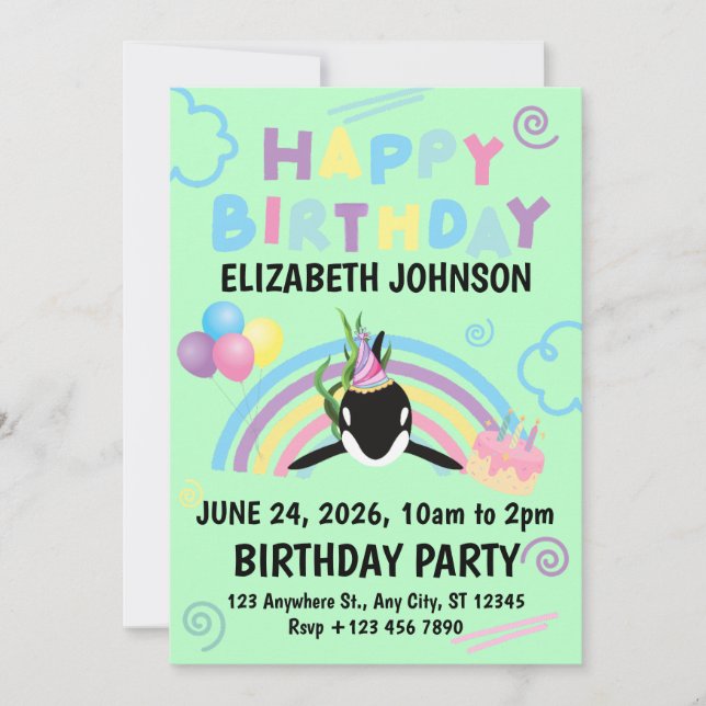Orca Birthday Party Invitation in Green (Devant)