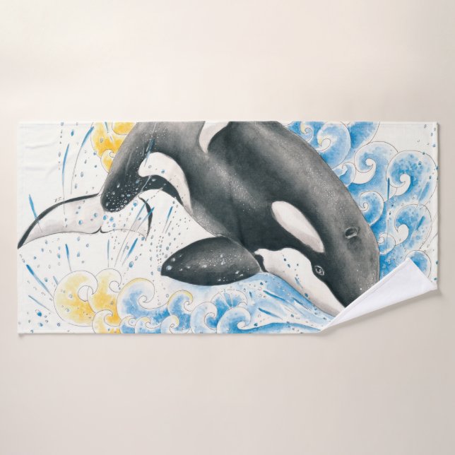 Orca Tiller Whale Jumer dans les vagues Aquarelle (Serviette de bain)