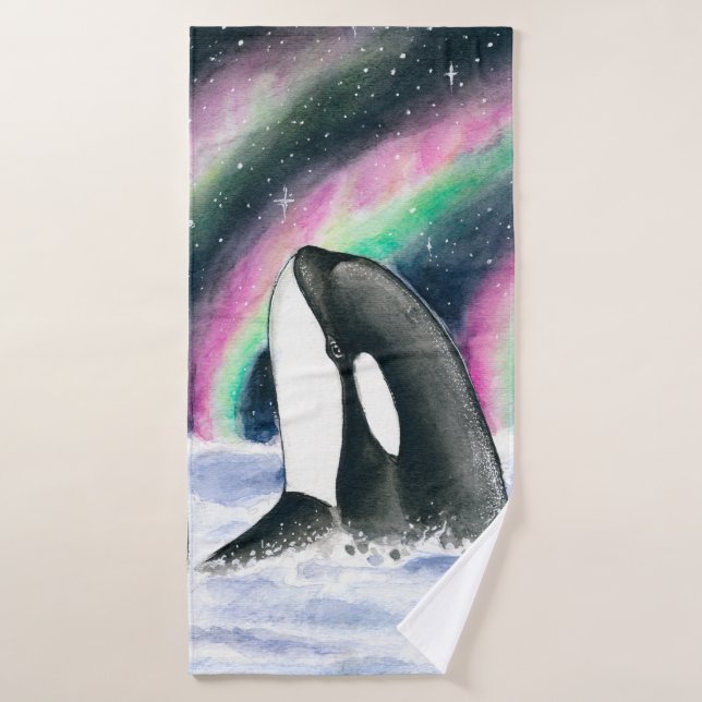 Orca Whale Galaxy Northern Lights Stars Aquarelle (Serviette de bain)
