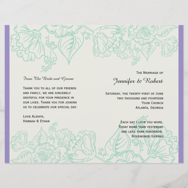 Orchid et Turquoise Bohemian Flowers Wedding Progr (Devant)