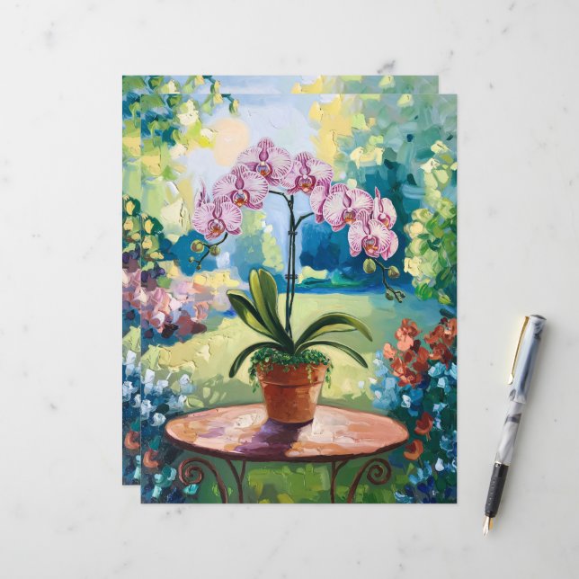 Orchidée dans un pot de papier à scandale de peint (Devant/Arrière en situation)