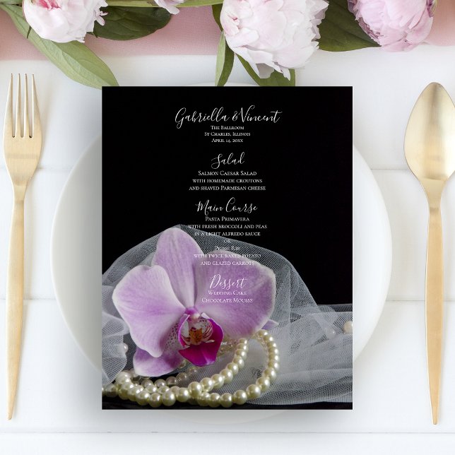 Orchidée rose et perles sur le menu Mariage noir (Créateur téléchargé)