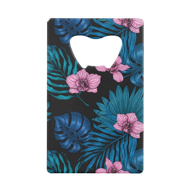 Orchidées et feuilles de palmiers, rose et bleu su (Devant)