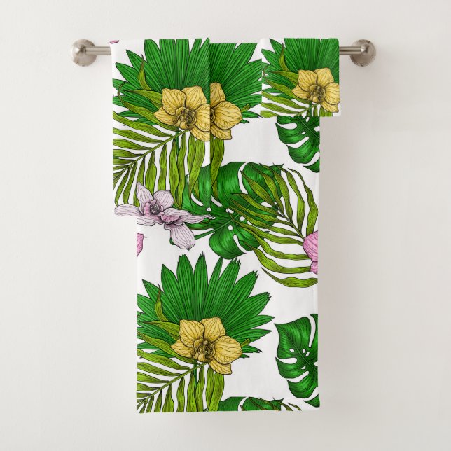 Orchidées et feuilles de palmiers, rose, jaune, ve (En situation)