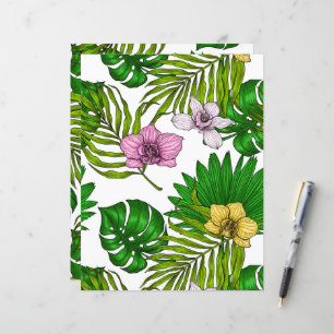 Orchidées et feuilles de palmiers, rose, jaune, ve