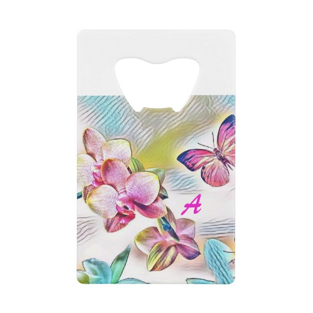 Orchidées roses fleurs et papillons carte de crédi (Devant)