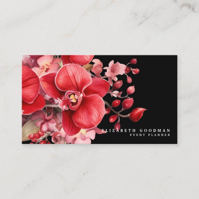 Orchidées rouges classiques Cartes de visite noirs (Devant)
