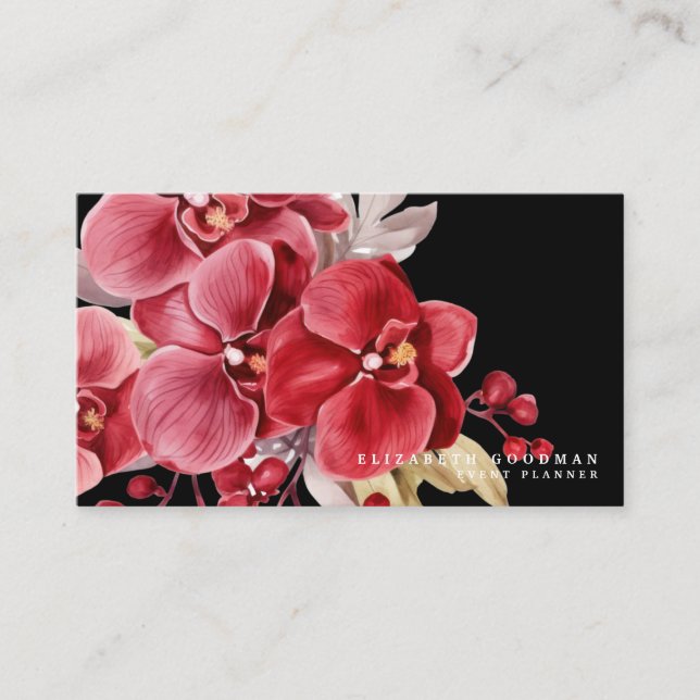 Orchidées rouges classiques Cartes de visite noirs (Devant)