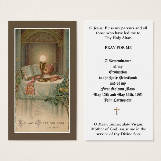 ORDINATION DE PRÊTRE CATHOLIQUE ALTAR, HÔTE, CARTE (Devant & derrière)