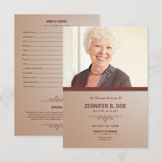 Ordre de carte de programme funèbre de service (Devant / Derrière)