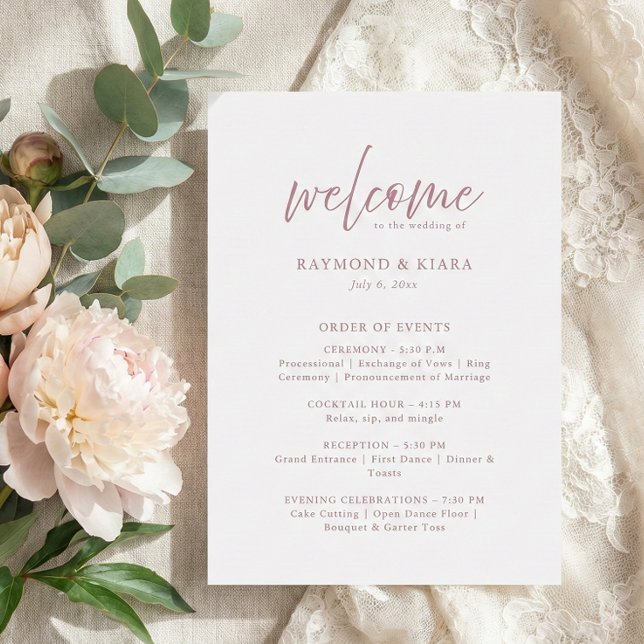 Ordre des événements Dusty Pink Wedding Carte du p (dusty pink order of events program card in modern script calligraphy)