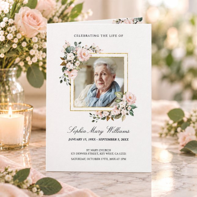 Ordre du service funéraire | Programme mémorial fl ("Celebrating the Life Of" funeral program with white floral gold frame photo, personalized)
