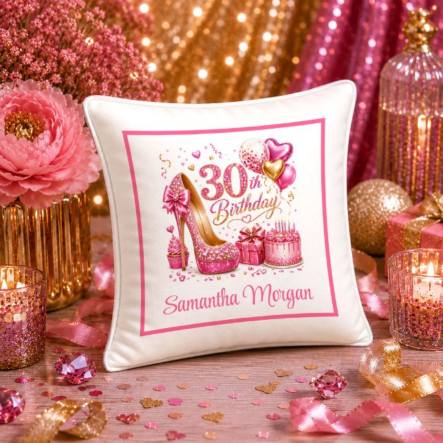 Oreiller 30e anniversaire rose vif festif en confe (Festive Hot Pink Confetti 30th Birthday Pillow

)