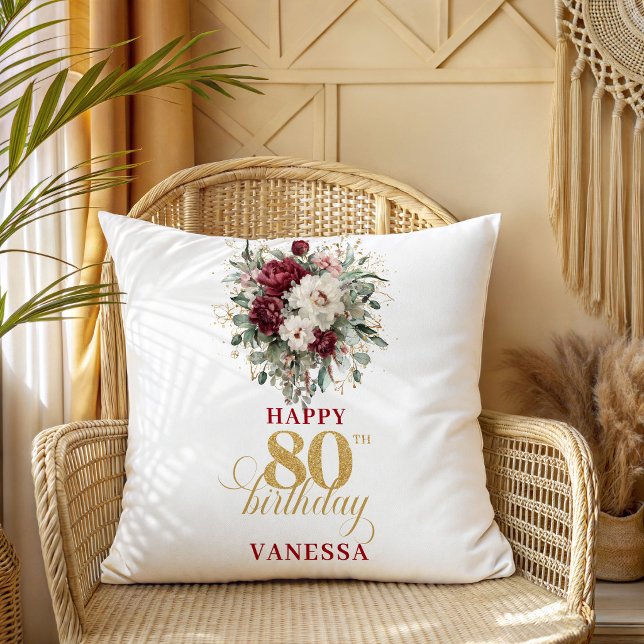 Oreiller 80e anniversaire Blush Burgundy Premium (Premium Blush Burgundy 80th Birthday Pillow)